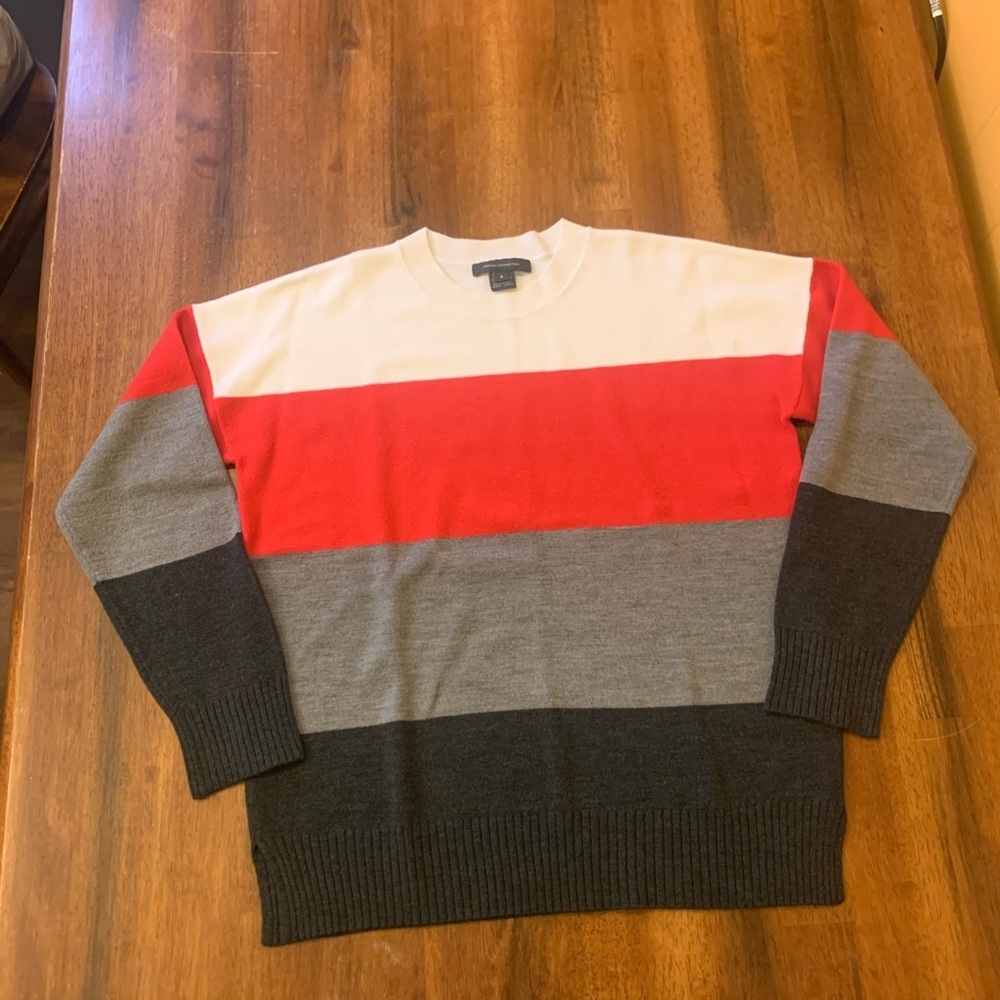 French Connection Sweater Small Red Gray Black striped Crewneck Casual Soft Fall
